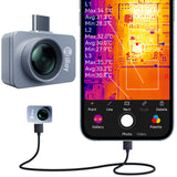 InfiRay P2 Pro Android thermal imaging camera illustrated beside smartphone screen with thermal camera interface, demonstration phone not included