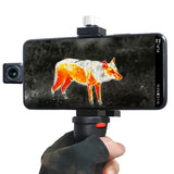 InfiRay T2 Pro thermal camera connected to a smartphone grip, illustration of use; phone/accessories not guaranteed