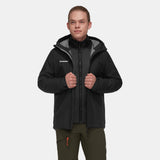 Mammut Alto Light 3-in-1 hooded jacket in Black/Black, styled on model with insulated inner jacket
