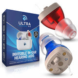 Ultra Hearing Aid Invisible 1 in-ear pair, charging case and branded retail box, manufacturer photo